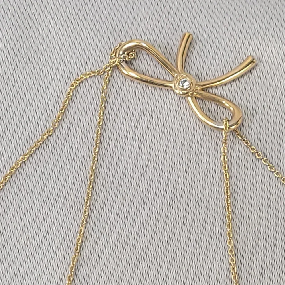Kate Spade Ribbon Bow Necklace Women Gold Tone Crystal Accent Double Strand